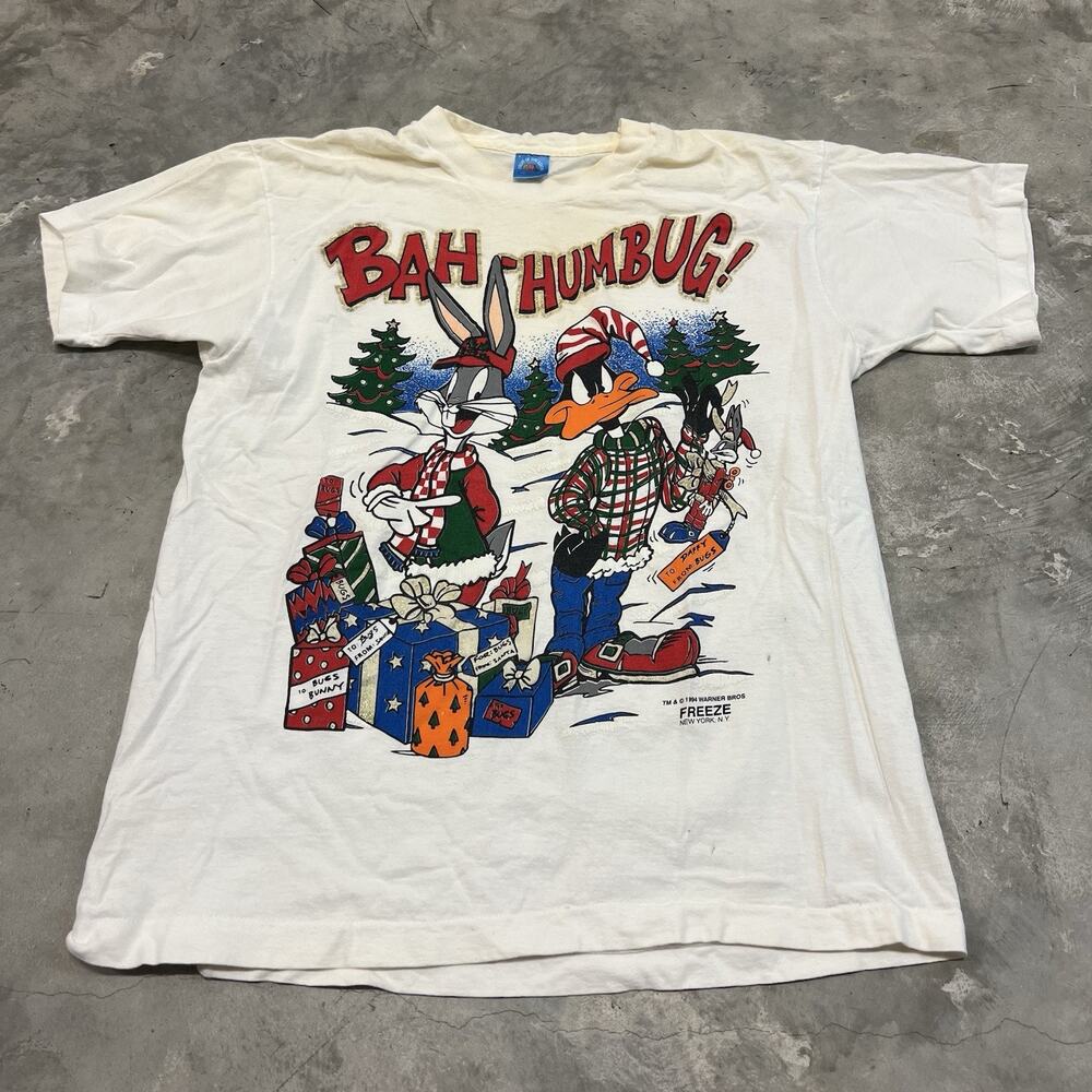Vtg 90s Bugs Bunny Daffy Duck Christmas T-Shirt Bah Humbug Freeze SIZE LG READ